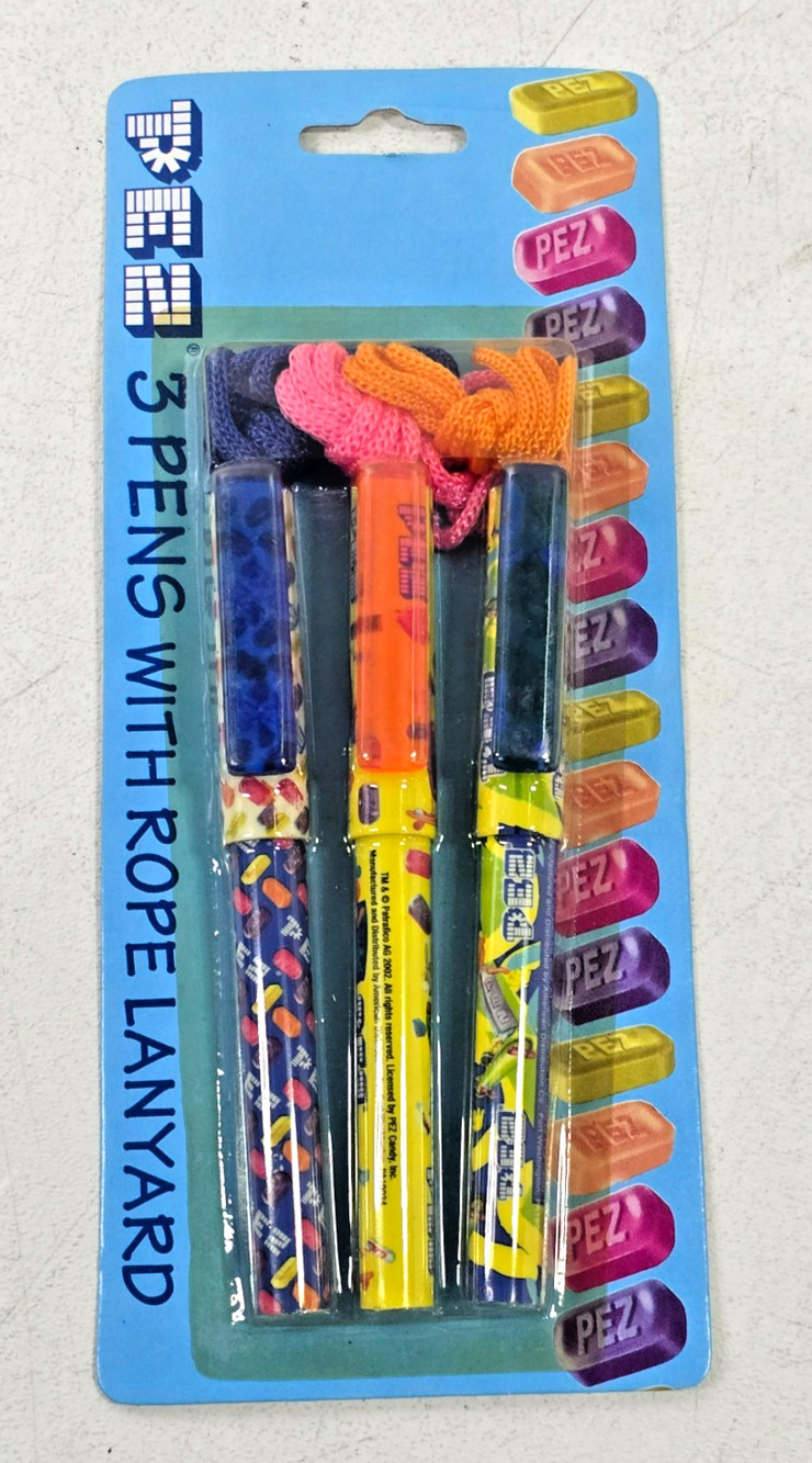 Vintage 2002 Pez Pens w Lanyards 3 Pen Set NEW OLD STOCK